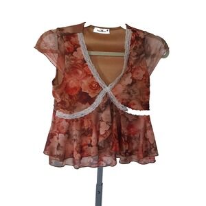 Rebellious Dreamer Sz‎ S Floral Boho Flowy V-neck Peplum Lace Trim Y2K Baby Doll